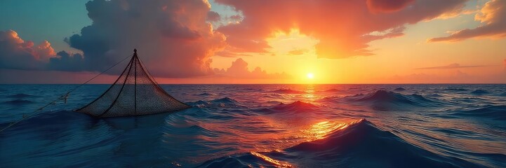 Obraz premium Vast, endless ocean meeting the sky at the horizon, a perfect, serene net cast against the vibrant sunset The fishing net rests gently, awaiting the morning's catch , net, view, horizon