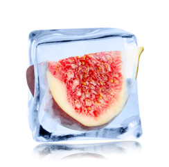 Piece of fresh fig inside ice cube isolated on white