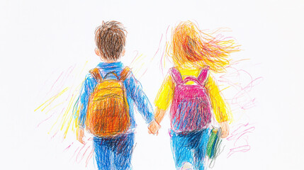 Two children with backpacks walk hand in hand away from the viewer in a vibrant crayon illustration, capturing friendship, curiosity, and playful daytime energy.
