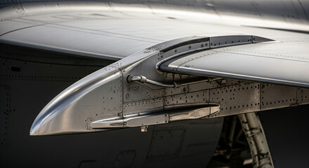 Fototapeta premium Close-up of Aircraft Wing Flap with Precision Riveting. A detailed, up-close shot of a plane's wing flap and the complex mechanical joint where it attaches to the wing