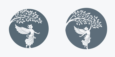 Elegant Illustration of Mythical Winged Figures and Nature in Circular Designs