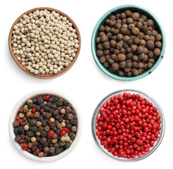 Various types of peppers in bowls isolated on white, set. Top view