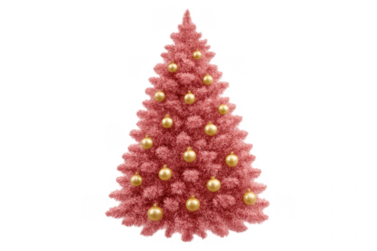 Pink christmas tree with golden baubles celebrating christmas on transparent background