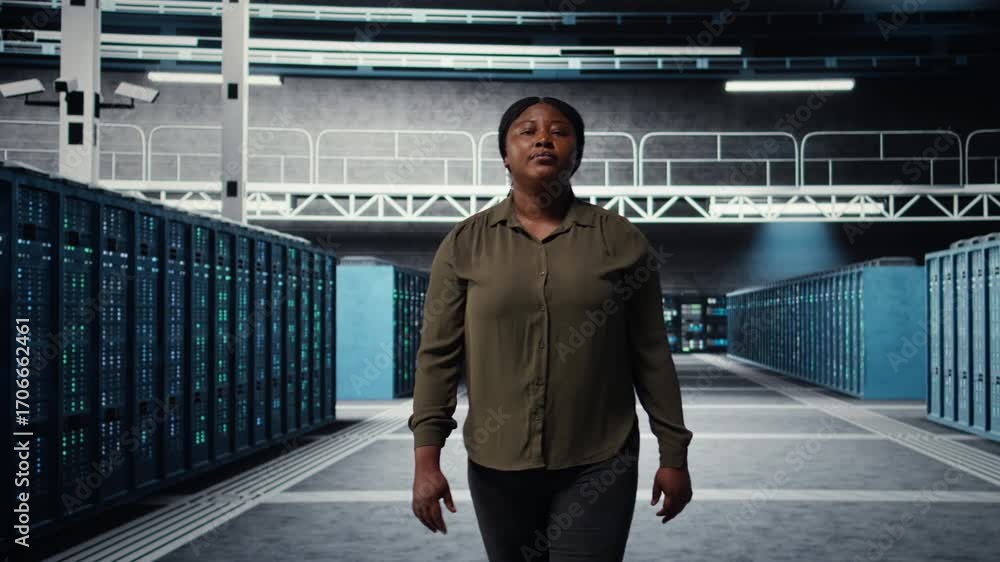 Poster system administrator walking through data center server rows, implementing advanced cooling and powe