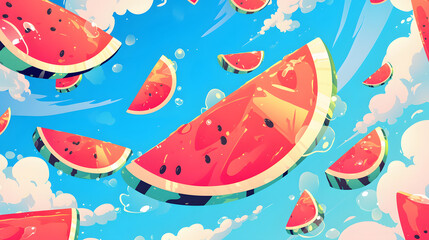 flat vector comic style abstract background with watermelon cute