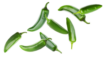 Green jalapeno peppers flying against white background