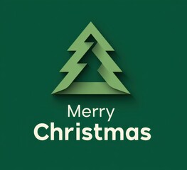Minimalist vector logo of a Christmas tree cut from green paper with 3D relief effect, on solid green background with &ldquo;Merry Christmas&rdquo; text. Ideal for holiday cards, branding, ads, and festive design
