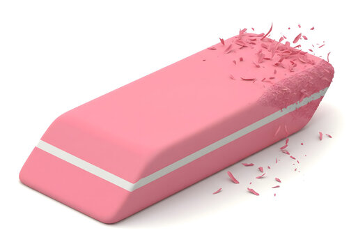 Pink eraser with shavings isolated on white background, stationery tool for correcting pencil mistakes, school supplies, office use, and drawing corrections