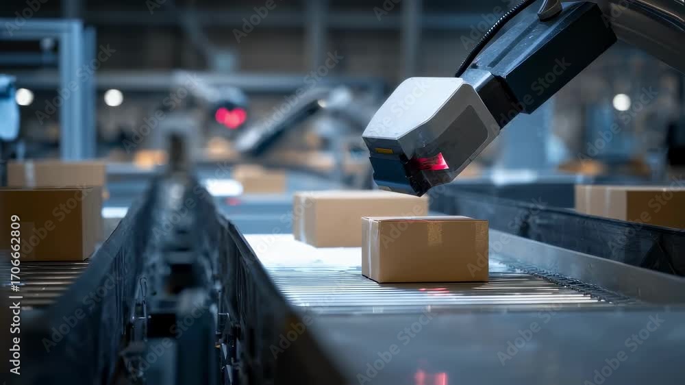 Poster close medium shot of robot sorting parcels into designated bins with the foreground in sharp focus a
