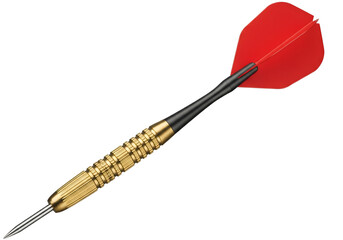 Golden dart with red flight isolated on white background, precision throwing game equipment for dartboard, competition, bar games, and recreational indoor sports