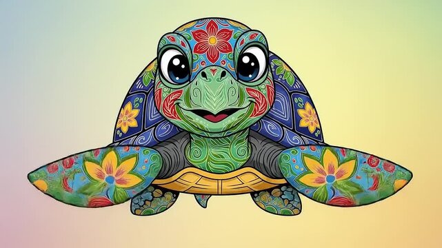 Colorful cartoon turtle with floral patterns, smiling, against a soft gradient background
