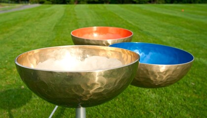 Three decorative bowls on stands in a grassy park