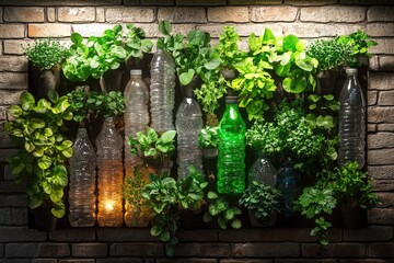 Fototapeta premium Vertical garden made from recycled plastic bottles, showcasing various herbs and plants against a brick wall.