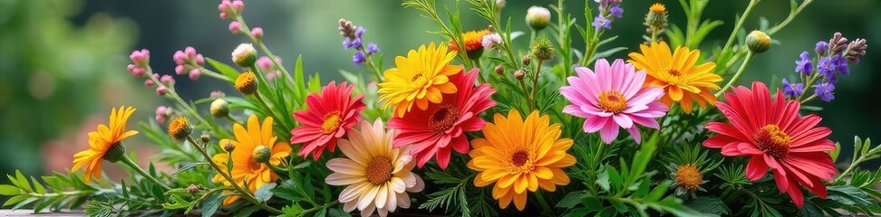 Vibrant garden bunch of freshly picked flowers and herbs, bursting with color and fragrance, perfect for a summer centerpiece or rustic arrangement , garden scene, centerpiece