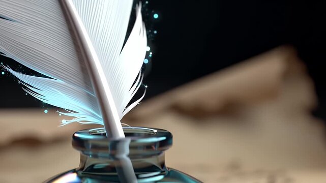 White Feather Quill Pen in Teal Inkwell on Antique Paper