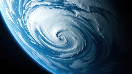 Satellite view of Earth with a swirling storm, highlighting deep blue and white cosmic tones.
