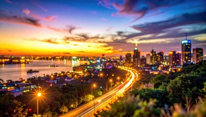 Cityscape at Dusk with Harbor and Highway