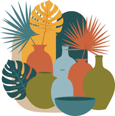 Abstract Bohemian Still Life with Tropical Leaves and Earthenware Vases