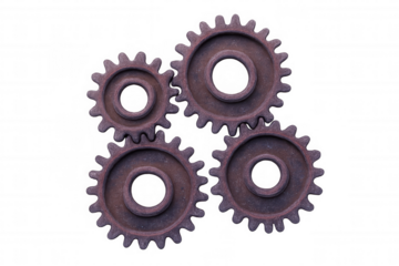 Rusty interlocking metal gears symbolizing mechanical collaboration, industrial teamwork, precision engineering against transparent backdrop