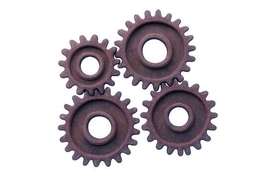 Rusty interlocking metal gears symbolizing mechanical collaboration, industrial teamwork, precision engineering against transparent backdrop