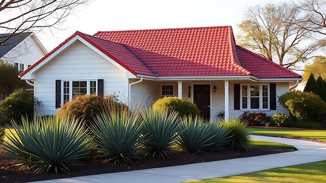 Suburban house with red roof and front garden, bathed in afternoon sunlight and architectural charm.