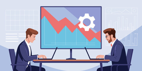 Two business analysts engaged in discussion over decreasing market trends indicates collaboration in identifying strategies to enhance performance using data-driven approaches.