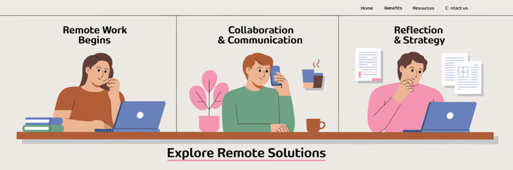 Highlighting key stages of remote work, this image illustrates collaboration, communication, and the importance of strategic reflection in a thriving remote work environment.