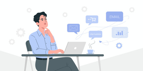 This engaging illustration portrays a man pondering in front of his laptop, symbolizing the exploration of digital connections and the reflection of human emotions.