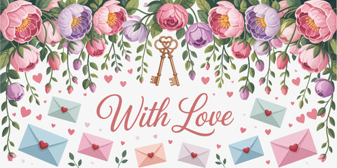 An artistic layout showcases elegant envelopes enveloped by lush florals and heart symbols, representing love, connection, and the beauty of heartfelt messages.