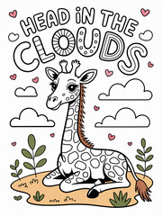 A charming coloring page featuring a whimsical giraffe with its head in the clouds, radiating joy and creativity, perfect for those who enjoy playful designs and artistic expression.