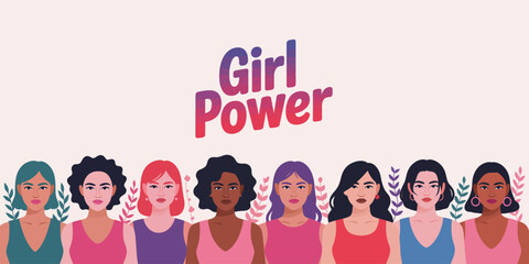 This illustration features a vibrant group of diverse women, emphasizing the theme of 'Girl Power,' fostering a sense of community, strength, and empowerment among females today.
