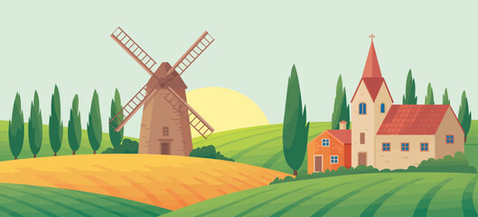 This colorful artwork presents a charming countryside scene with a windmill, church, and vibrant fields, evoking feelings of nostalgia and tranquility in a rural setting.