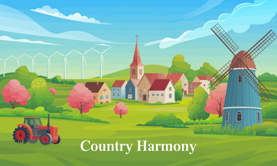 A vibrant country landscape showcasing a red tractor, a traditional windmill, and a charming church, surrounded by colorful trees and fields on a sunny day.