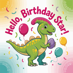 A cheerful dinosaur holding an egg happily celebrates a birthday, surrounded by balloons and a colorful background, making it perfect for children's celebrations.