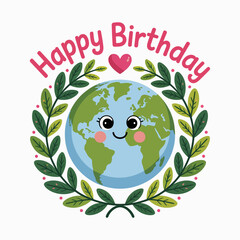 Celebrate our planet with this charming birthday-themed illustration featuring a joyful Earth character framed by green leaves, suitable for environmental awareness and celebrations.