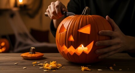 Close-up of hands carving a Halloween pumpkin, candlelight flickering inside, cozy spooky vibe
