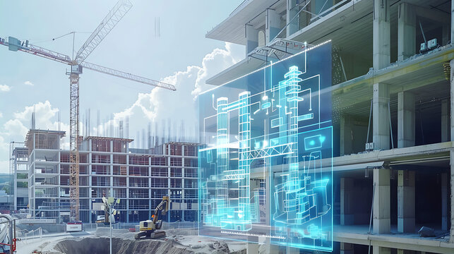 Construction site with digital blueprint overlay showing building design and progress