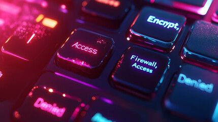 Close up of a keyboard with neon lights highlighting access encrypt firewall and denied keys