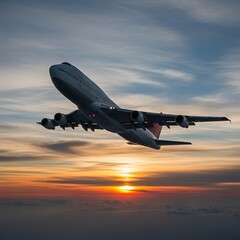 Airplane Taking Off at Sunset.