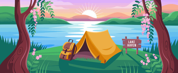 An inviting camping scene where a bright orange tent rests beside a lake at sunset, complete with a signpost and blossoming flora, perfect for nature lovers.