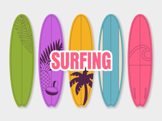 This eye-catching image displays an array of creatively designed surfboards showcasing unique patterns and vibrant colors, encapsulating the essence of summer fun at the beach.