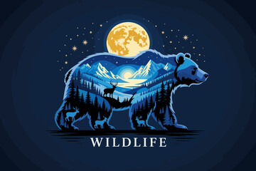 This captivating image features a bear silhouette filled with a tranquil mountain landscape, showcasing wildlife in a night setting under a glowing moon.