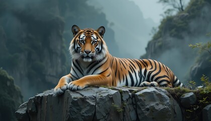 Majestic tiger resting on a rocky outcrop with a misty mountain backdrop in a wildlife setting