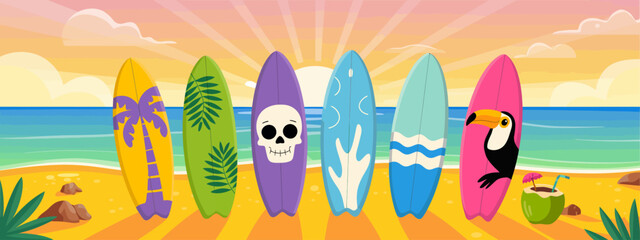 This engaging image features a stylish lineup of colorful surfboards set against a tranquil ocean sunrise, encapsulating the beauty and thrill of beach life and surfing.