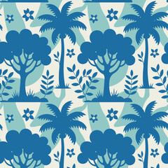 This unique pattern blends geometric shapes with natural elements like trees and leaves, capturing a harmonious relationship between nature and abstract artistry in shades of blue.