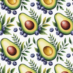 A lively and fresh design showcasing avocados paired with blueberries, surrounded by green leaves, emphasizing a healthy and organic lifestyle aesthetic.