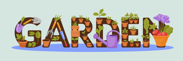 This vibrant illustration showcases the word 'GARDEN' made of various gardening tools and plants, symbolizing the joy of gardening and nature's beauty clearly.