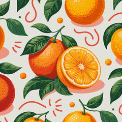 This lively illustrated pattern of oranges paired with lush leaves encapsulates a vibrant and fresh essence, ideal for various artistic and commercial uses.