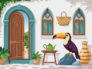 A beautiful doorway framed by charming plants and a toucan perched nearby, blending elements of nature and design to create a serene, inviting atmosphere.