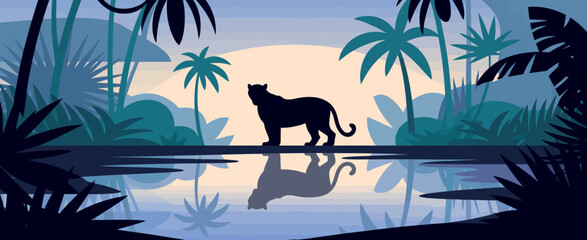 A majestic tiger silhouette stands in a serene landscape, surrounded by lush tropical vegetation, reflecting in a calm water surface under a pastel sunset sky.
